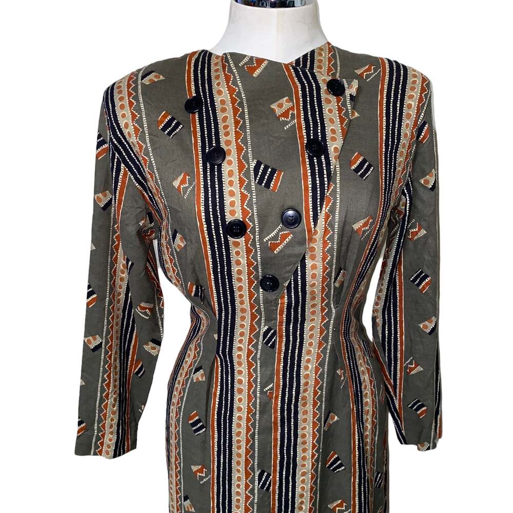 Vintage Niya Collection Tribal Aztec Print Dress Long Sleeve Asymmetrical Button - Picture 2 of 6